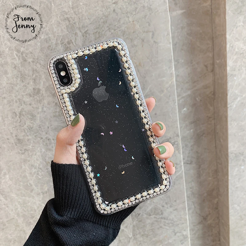 From Jenny Epoxy glitter rhinestone pearl for iPhone 11 pro x xr xs max 6 6s 78 Plus transparent silicone soft shell |