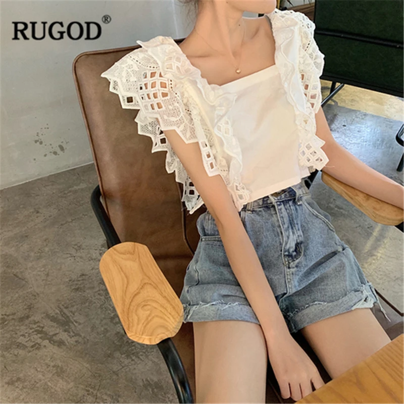 RUGOD 2020 Летняя женская однотонная кружевная короткая рубашка с вышивкой на