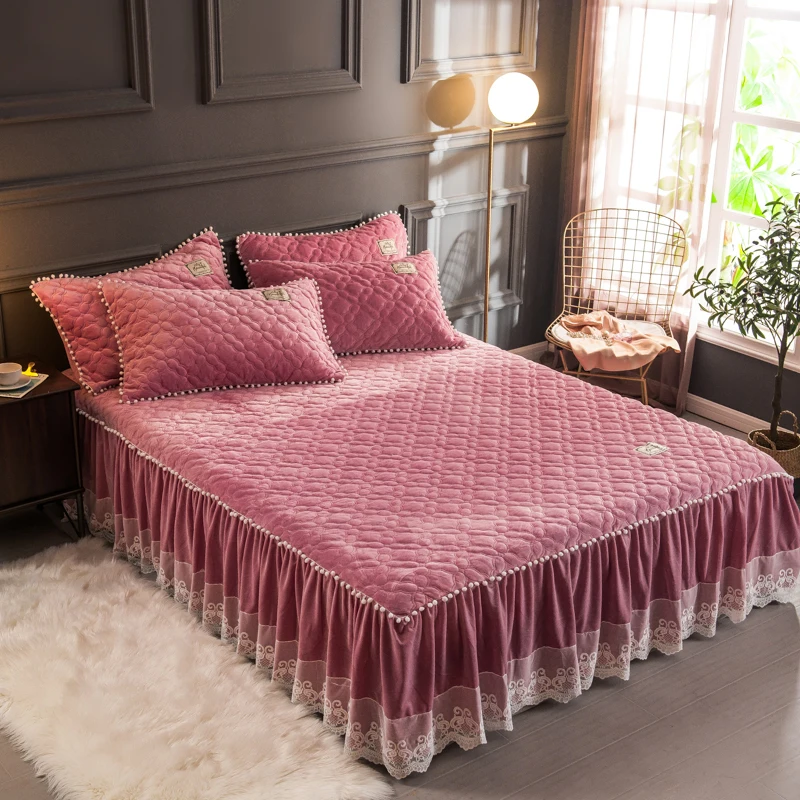 Russian size 160X200cm Plush Warm Bedskirt Bed set Flannel Fleece Quilted Ruffled Lace Girls with Small White Ball cover | Дом и сад