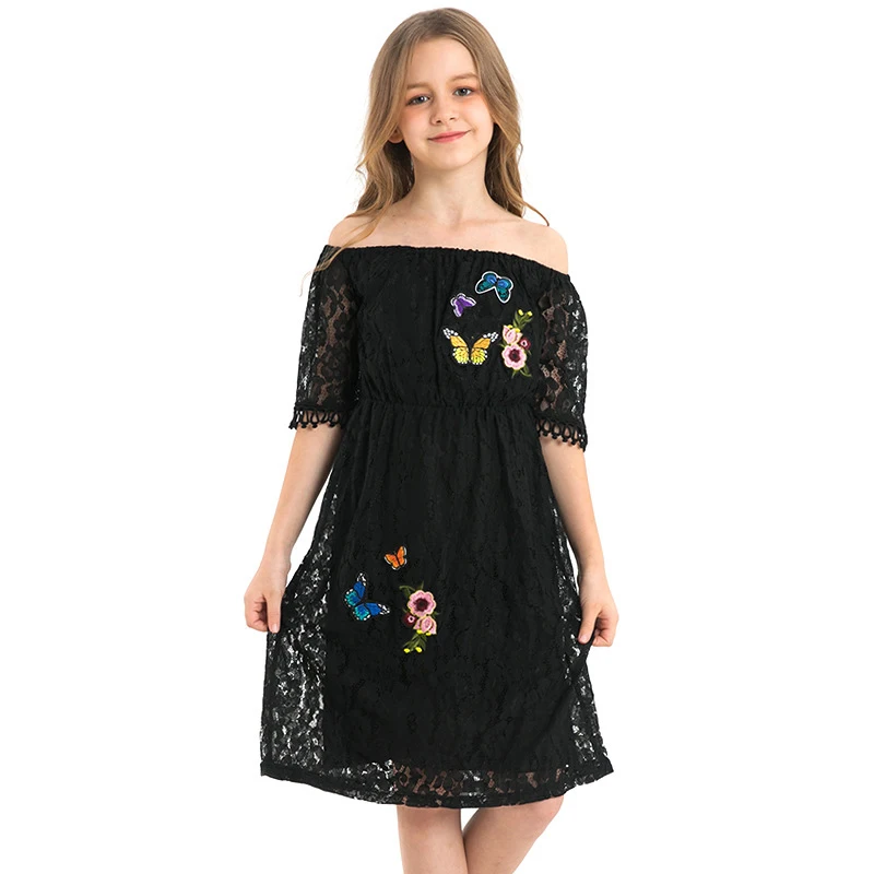 Детское летнее платье 2019 года кружевные черные платья для девочек с открытыми