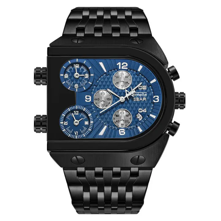 BLACK BLUE TEMEITE кварцевые мужские часы лучший бренд класса люкс золотые часы 3 часовых пояса Дата Нержавеющая сталь ремешок Военные негабаритные наручные часы - Цвет: BLACK BLUE