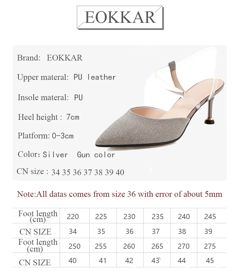 

Eokkar 2019 New Fashion Kitten Heel Women Pumps Transparent Solid Stiletto Shoes Pointed Toe Sexy Party Silver Shoes Size 34-40