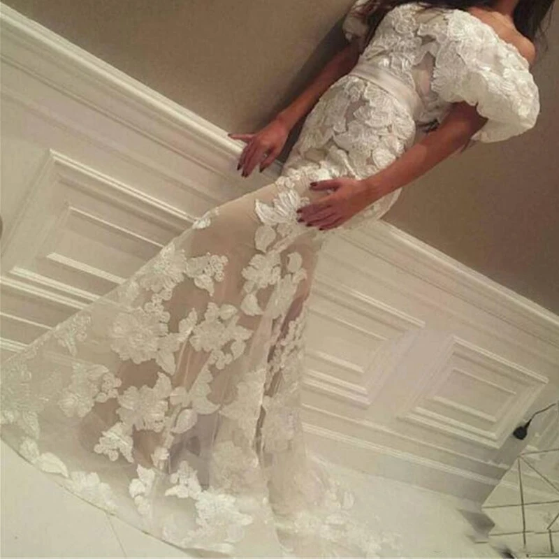 

Newest Arabic Mermaid Evening Wear Prom Gowns Long Illusion Lace Applique Formal Dress Abendkleider 2018 Special Occasion Dress