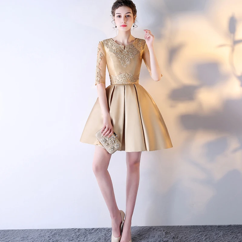 Robe De Soiree короткое Новое роскошное Золотое кружевное вечернее платье на заказ