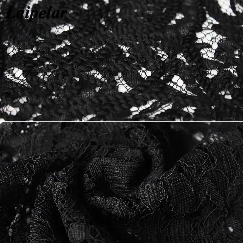 Laipelar Women Black Sexy See Through Blouse Ladies Chic Flare Sleeve Lace Casual Crop Top Floral Print Zipper Blouses Shirt