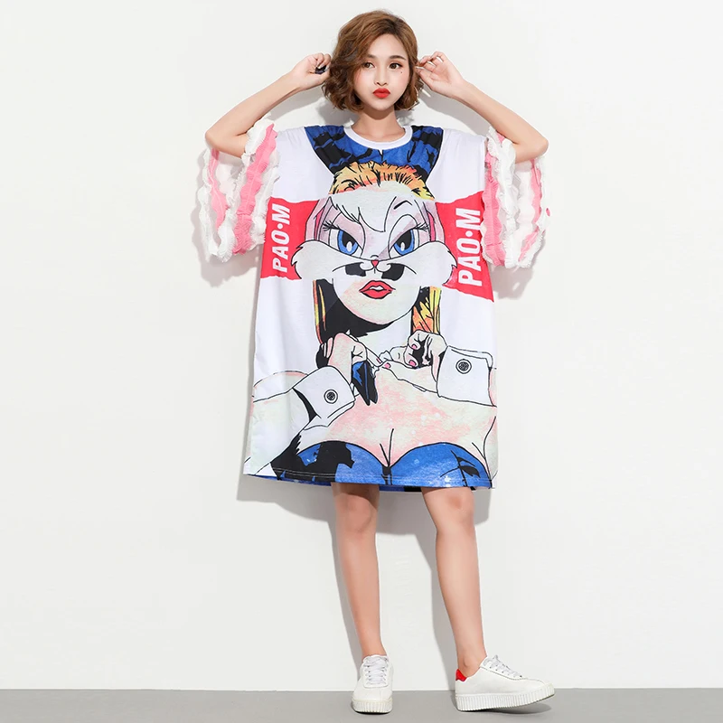 Harajuku новое летнее платье женское с принтом из мультфильма круглым вырезом