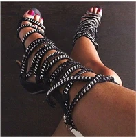 sexy chains rope women sandals high heels stiletto tassel lace up gladiator sandals botas strappy celebrity summer shoes woman