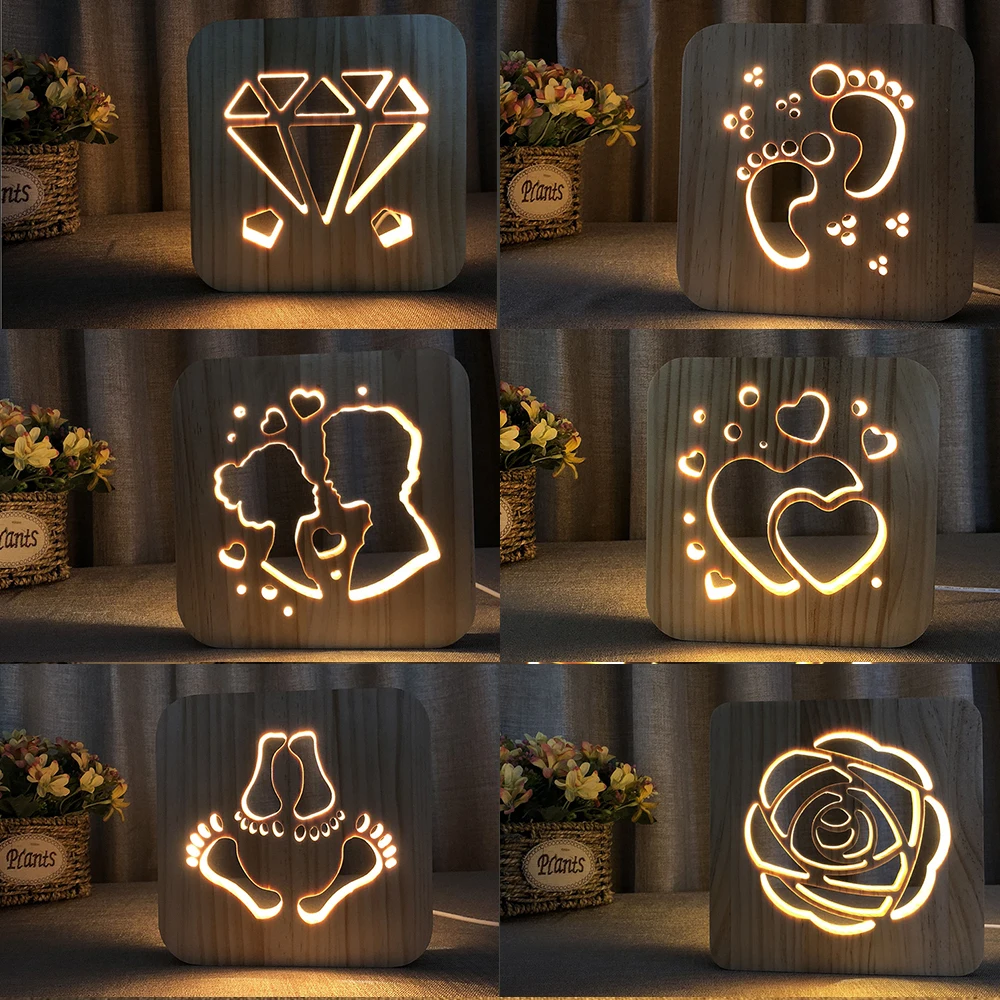 Деревянный светодиодный ночник 3D Визуальный светильник декор для влюбленных