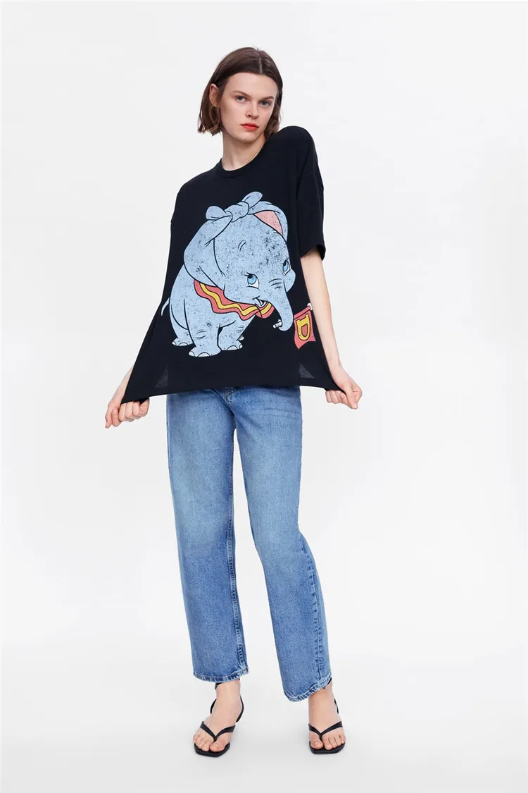 Dumbo женская футболка с принтом Футболка с животными Kawaii футболка смешной короткий рукав футболки женские чисто черные топы женские ZR