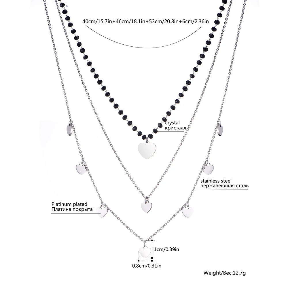 Stainless Steel Layered Necklaces for Women Black Crystal Beads with Heart Pendant Chokers Jewelry 2019 Trendy Female Party Gift | Украшения