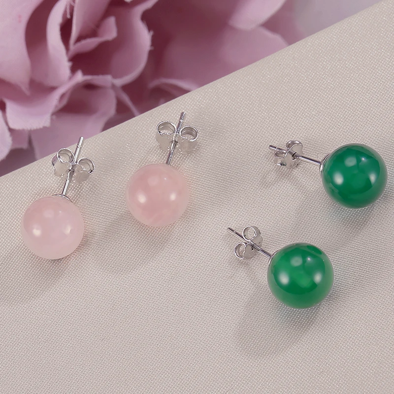 

100% Natural Rose Quartz Agate 8mm Stud Earring For Women S925 Sterling Silver Fine Jewelry Round Pink Green Gemstone Brincos