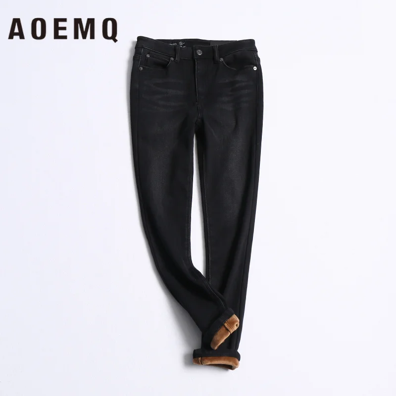 AOEMQ Joker Body Inside Plus Velvet Fine Plush Warm Thick Cotton Stretch Thin High Waist Tight Denim Pants Woman |