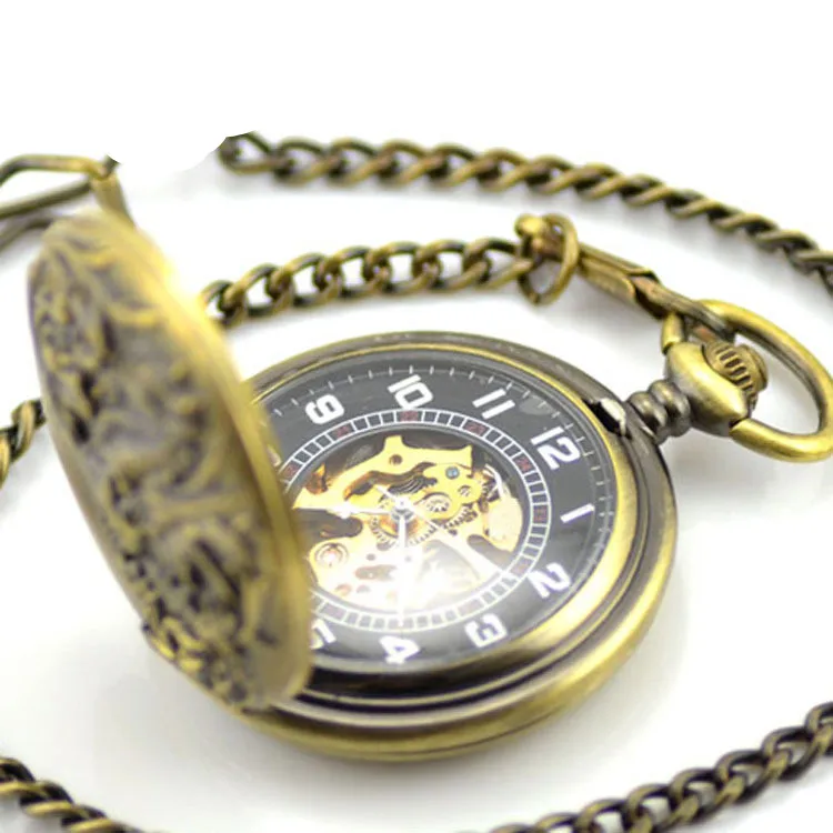 Коричневый Скелет механический ручной Ветер Карманные &amp Fob часы раскладушка
