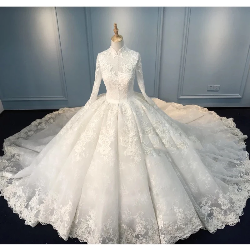 Винтаж Vestido De Noiva мусульманские свадебные платья бальное платье с длинным рукавом кружево Турция Дубай арабское свадебное платье