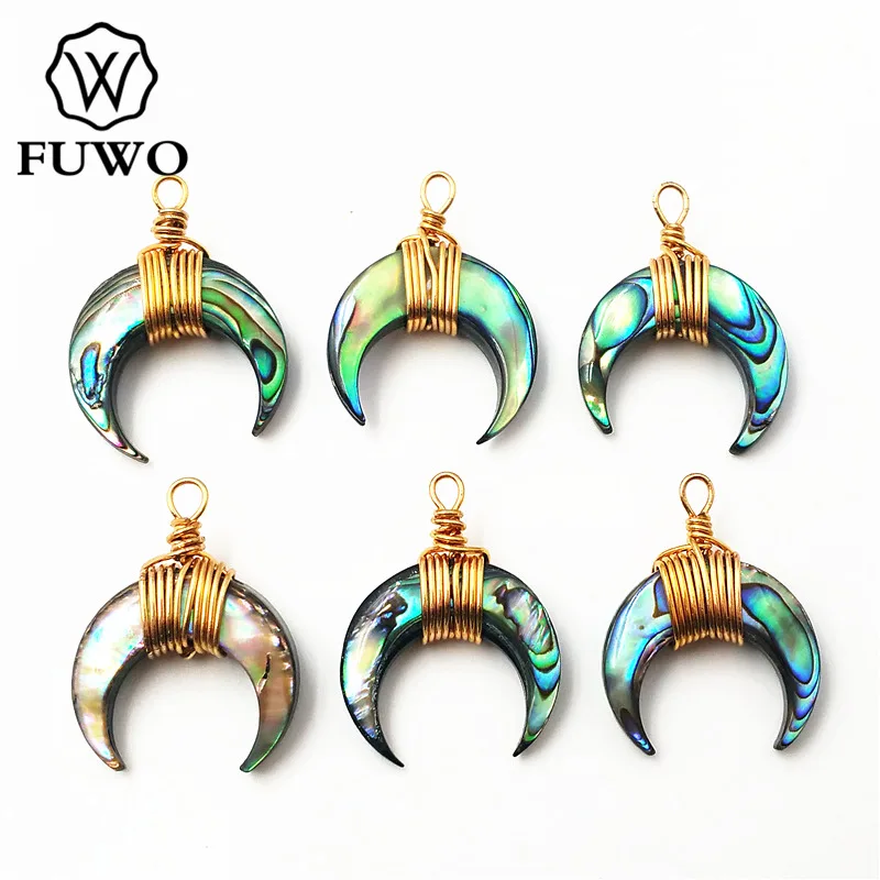 

FUWO Natural Abalone Shell Double Horn Pendant 24K Gold Electroplate Copper Wire Wrapped Crescent Moon Jewelry Wholesale PD509