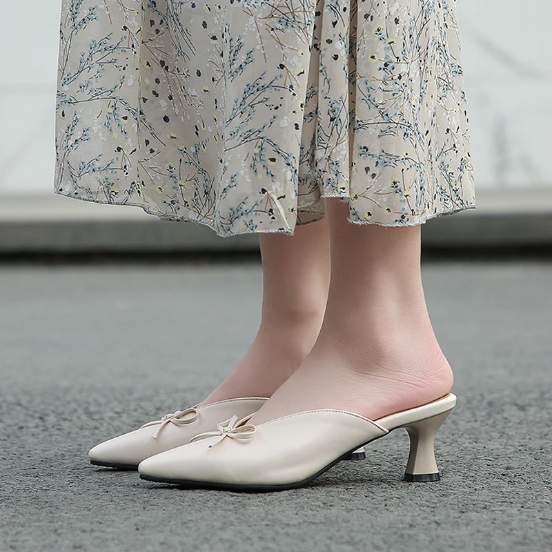 

JK Fashion Slippers Woman Butterfly Knot Pointed Toe Footwear Mules Shoes Female High Heels Slides Shoes Women Spring 2019 New