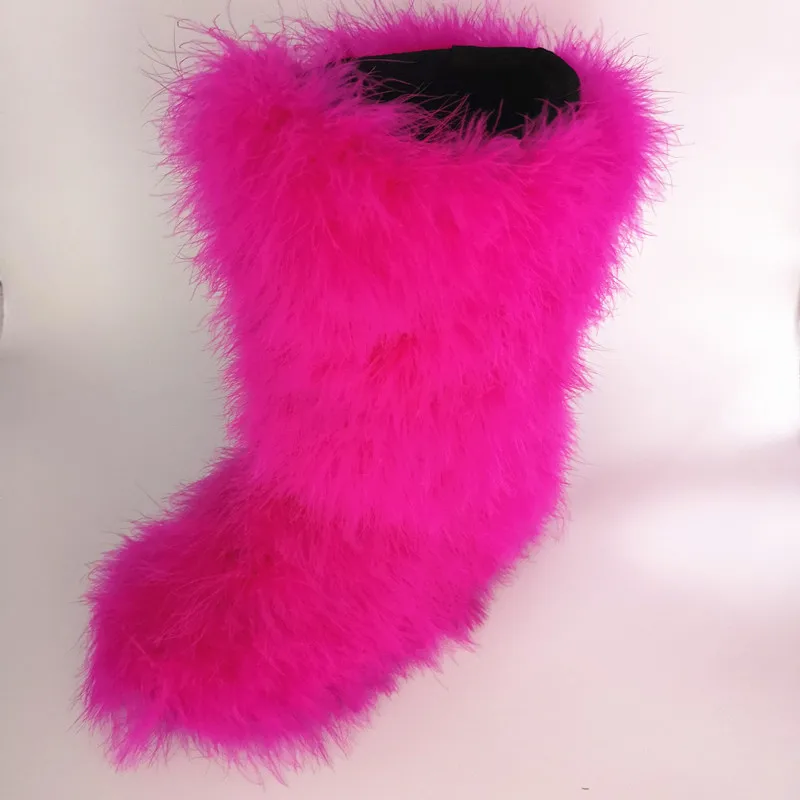 

HAHAFLOWER Women Winter Snow Boots Genuine Real Hairy Feather Furry Fur Flats Slip On Warm High multicolour big size 35-45