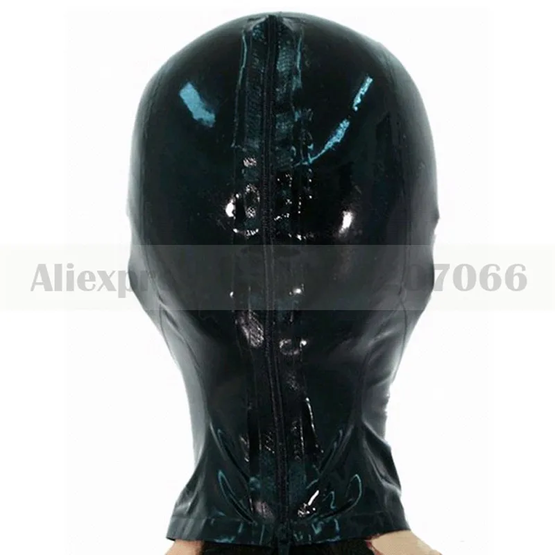

Unisex solid black latex rubber mask hood with back zip eyes mouth opened RLM045
