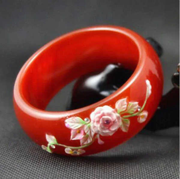 58-63 mm Genuine Natural Red Agate Woman Bangle with Flower Wide Retro Bracelet | Bangles