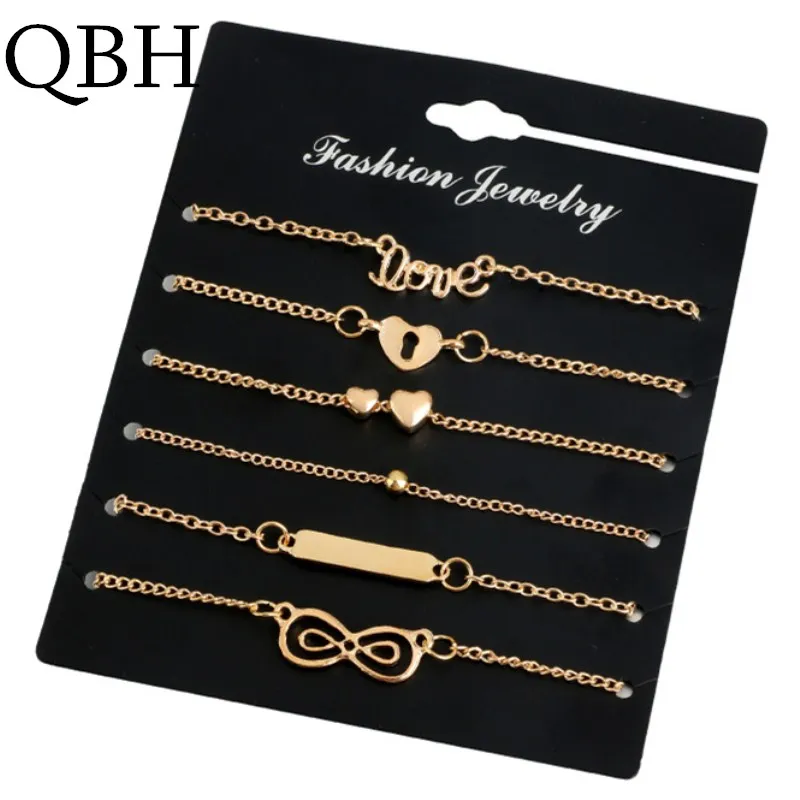 

L005 6 pcs/sets Minimalist Women Bracelet Set Crystal Infinity 8 Bowknot Heart Key Charm Chain Bracelets & Bangles Party Jewelry