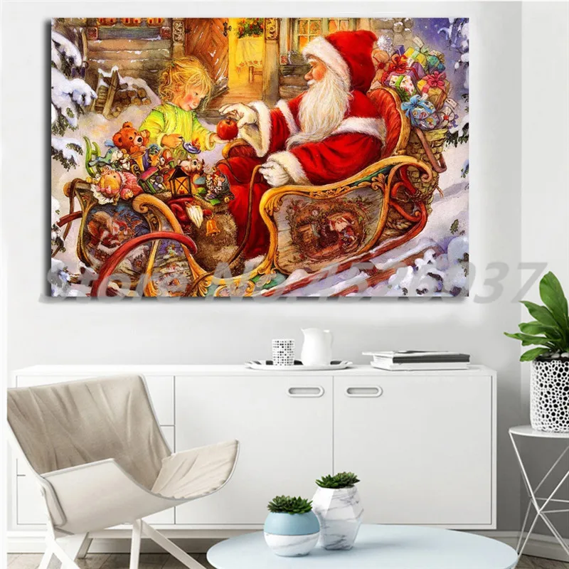 

Рождественский Санта-Клаус с подарками, настенное искусство, холст, плакаты, печать, живопись, настенные картины для офиса, гостиной, домашний декор, художественное оформление