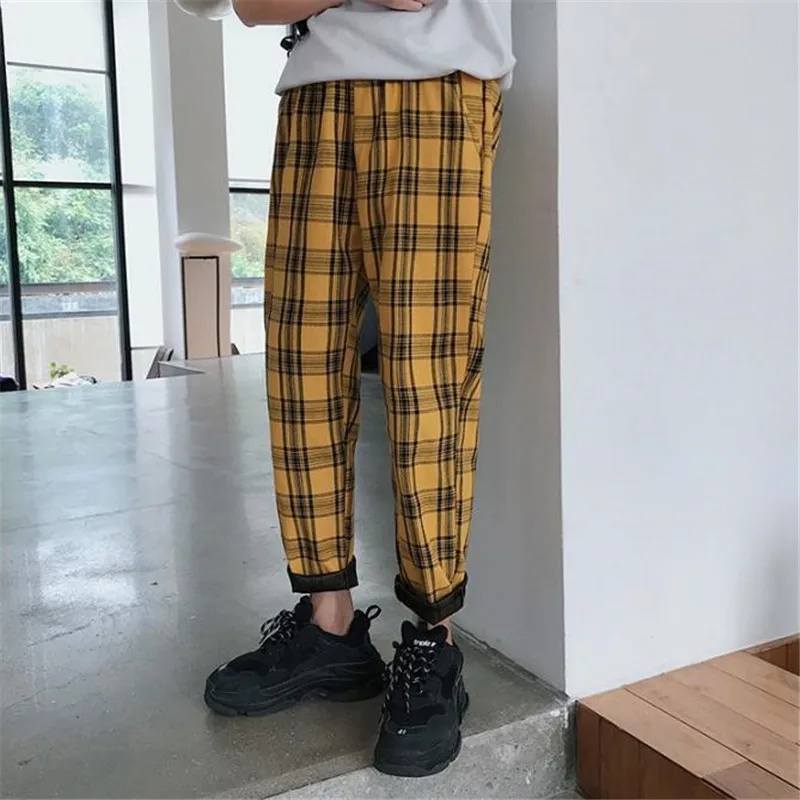 2019 уличная желтые клетчатые штаны мужские повседневные Прямые брюки шаровары