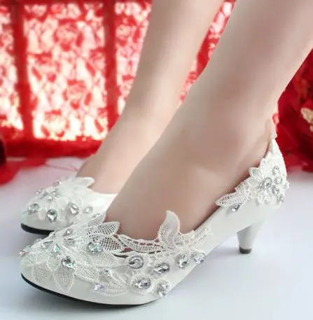 

3CM/5CM low middle heel white lace crystal rhinestones wedding shoes bride plus size handmade laces bridal shoes womens HS392