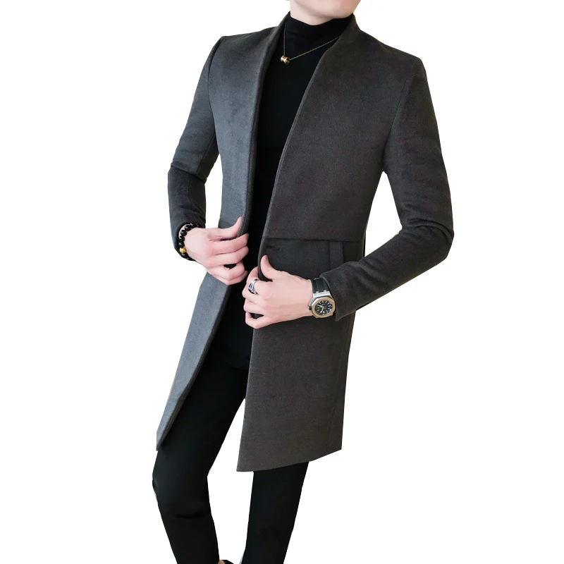 

New Fashion Men Long-sleeved Collar Woolen Coat Black Dark Gray Slim Elegant Mens Business Banquet Casual Dress Jackets