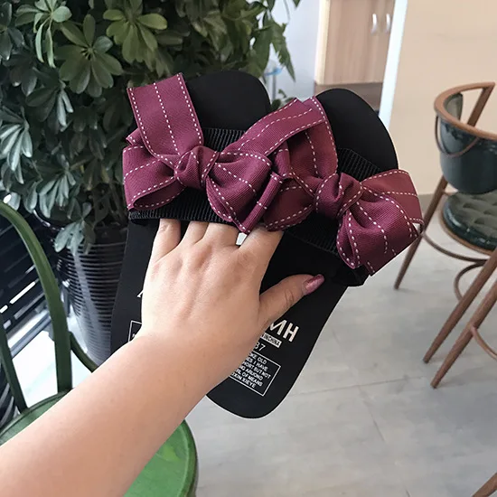 Модные дизайнерские босоножки с бантом в полоску Женские вьетнамки на высоком