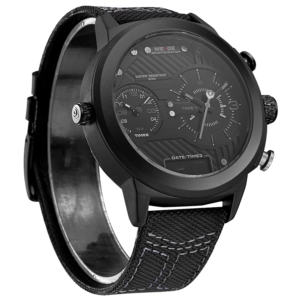 WEIDE ЖК-дисплей цифровой Спорт черный большой циферблат Multi-time zone карманные часы кварцевые Элитный бренд Аналоговый часы с нейлоновым ремнем коробка