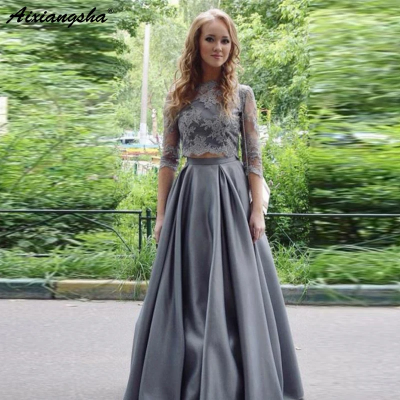 

High Neck Evening Dress Two Pieces 3/4 Sleeves Satin Lace Robe De Soiree Long Formal Prom Dresses Floor Length Party Gowns