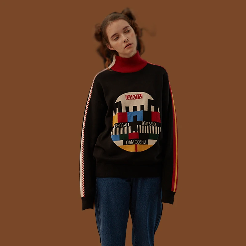 2018 Winter Women Vintage Black Sweater Pullover Hand Knitted Top Geometric Thick Sweaters Turtleneck Jumper Clothing Tops | Женская