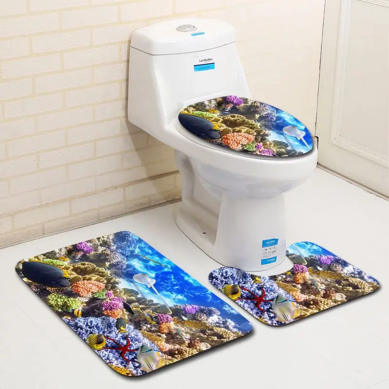 

Zeegle 3pcs/set Bathroom Carpet Set Ocean Underwater World Pattern Toilet Rugs Anti Slip Pedestal Rug Lid Cover Toilet Bath Mats