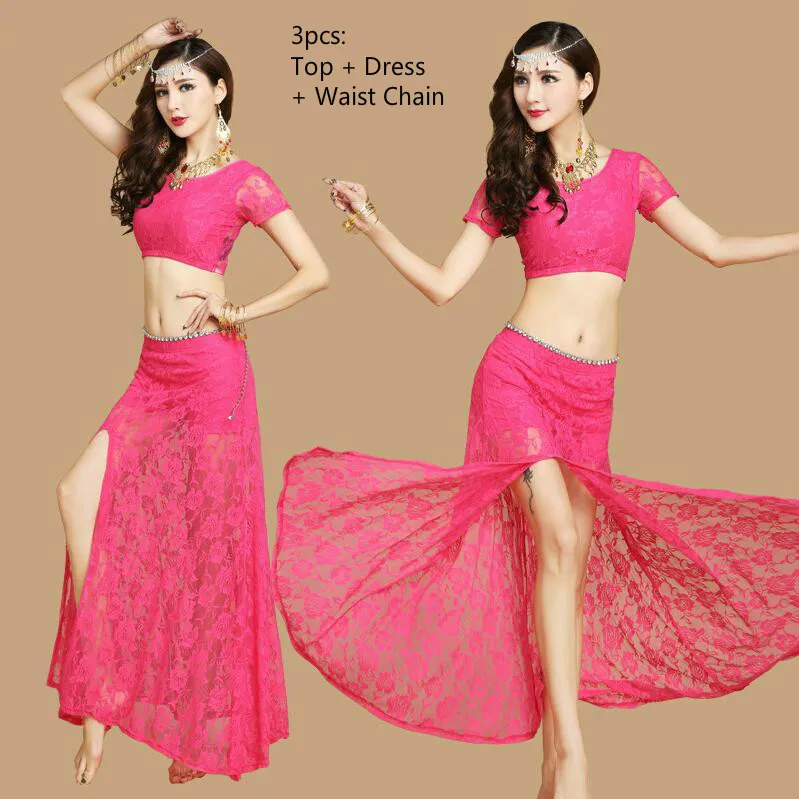 3pcs Rose red Женская одежда для танца живота, женская одежда для танца живота, кружевное платье, набор для танца живота, восточные костюмы, одежда для выступлений - Цвет: 3pcs Rose red