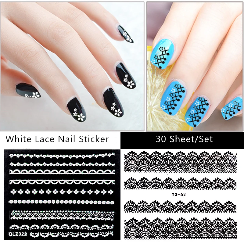 30 листов/набор белые и черные кружевные наклейки для дизайна ногтей 3D смешанный