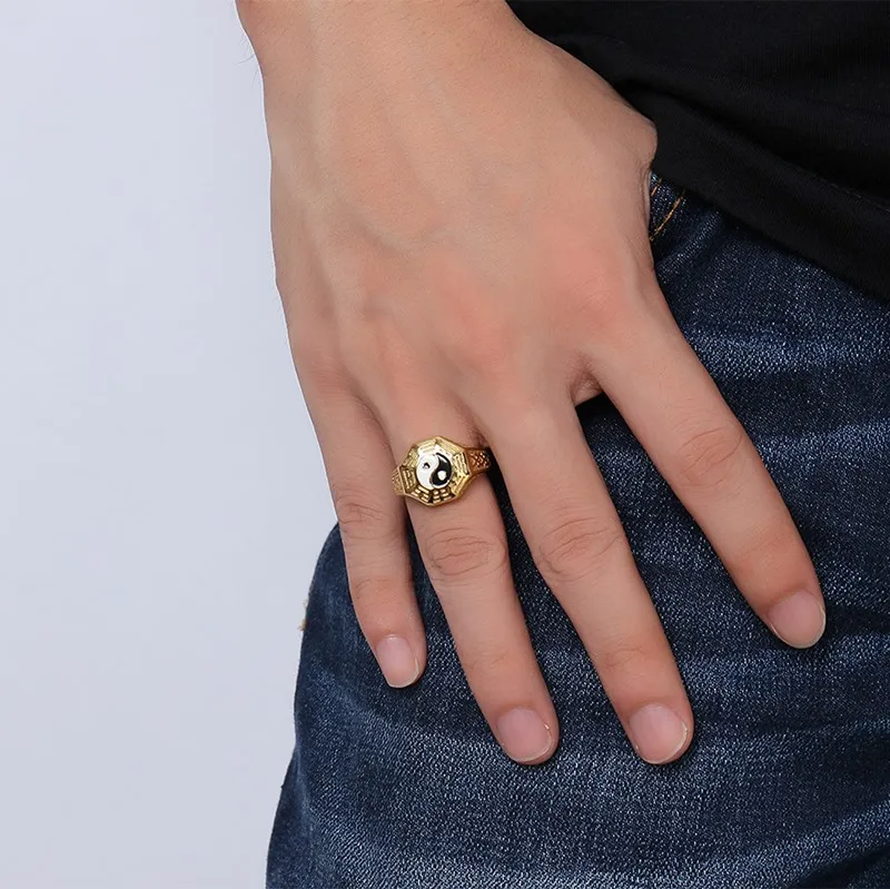 Vnox мужские Инь Ян перстень Нержавеющая сталь даосизм Религия золото-цвет Винтаж