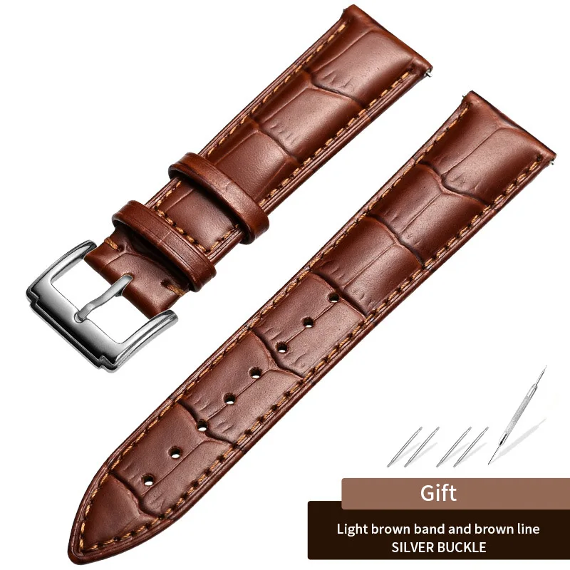 Silver-Light Brown Ремешок для часов STJ из мягкой телячьей кожи 14 мм 16 мм 18 мм 19 мм 20 мм 21 мм 22 мм металлический классический браслет с пряжкой - Цвет ремешка: Silver-Light Brown