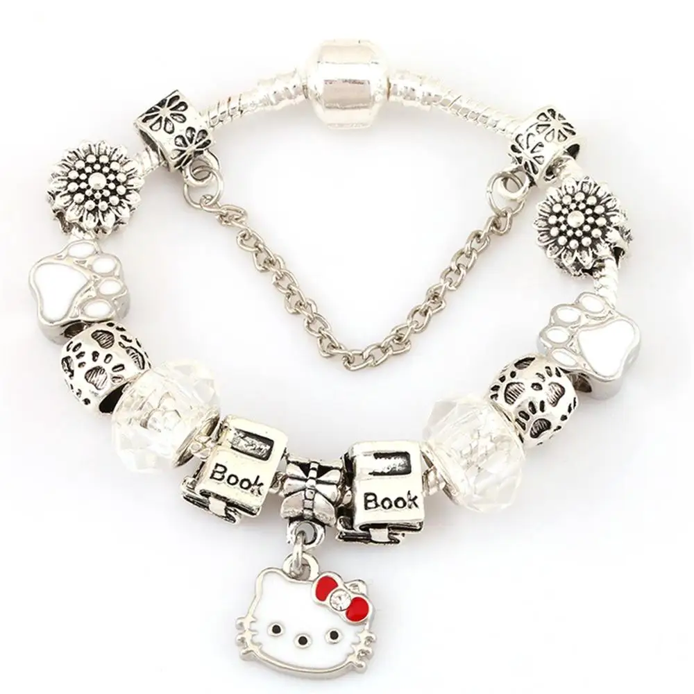 white Hermp очаровательные браслеты милый кот hello kitty розовый кристалл стеклянные бусины браслет для женщин дети девушки DIY ювелирные изделия - Окраска металла: white