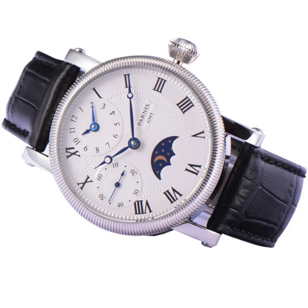 3 42 мм Мужские часы PARNIS Blue Hands GMT Moon Phase - Цвет: 3