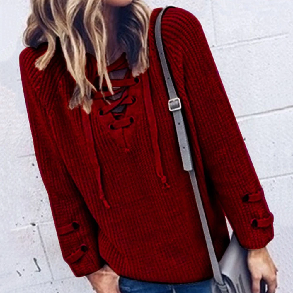 Sexy Bandage Strapless Knit Pullover Sweater Women Clothing V-Neck Long Sleeve Harajuku Autumn Winter Streetwear Plus Size Solid | Женская
