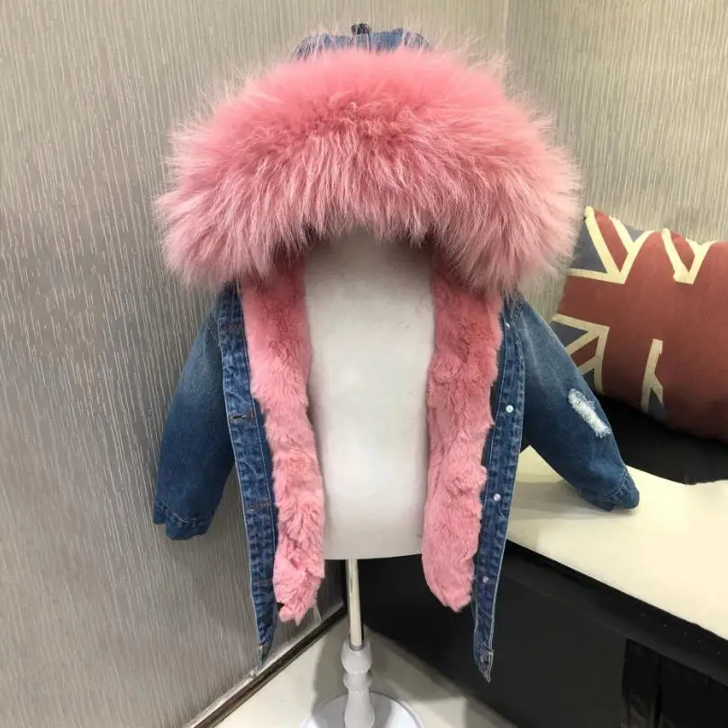 pink От 4 до 12 лет, Детское пальто с натуральным мехом детские куртки с мехом джинсовое пальто с капюшоном для маленьких мальчиков и девочек теплая парка зимнее плотное пальто с натуральным мехом, Y18 - Цвет: pink