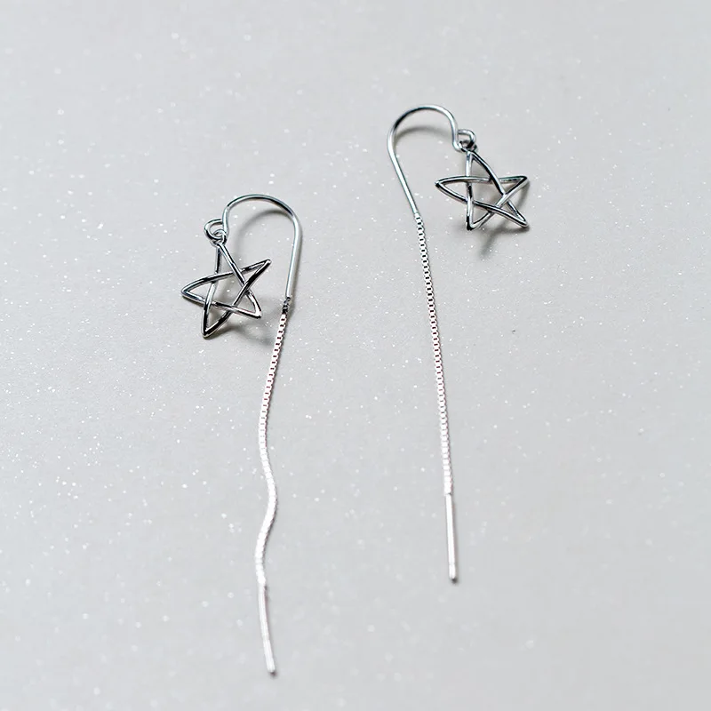 Real. 925 Sterling Silver jewelry Open Hollow Star Threader dangle Earrings long Handmade GTLE1527 | Украшения и аксессуары