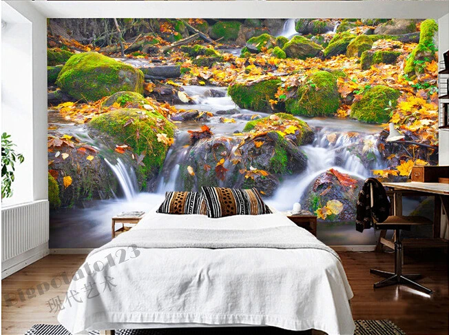 The latest 3D murals Moss stone deciduous streams and waterfalls landscape photography living room TV sofa bedroom wall paper |