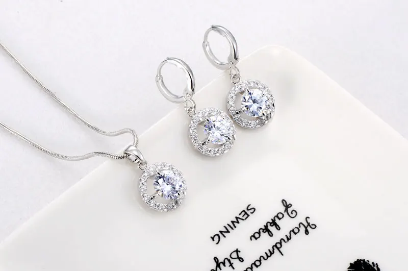 Женский ювелирный комплект из колье и серёг с круглым фианитом|jewelry sets for women|wedding