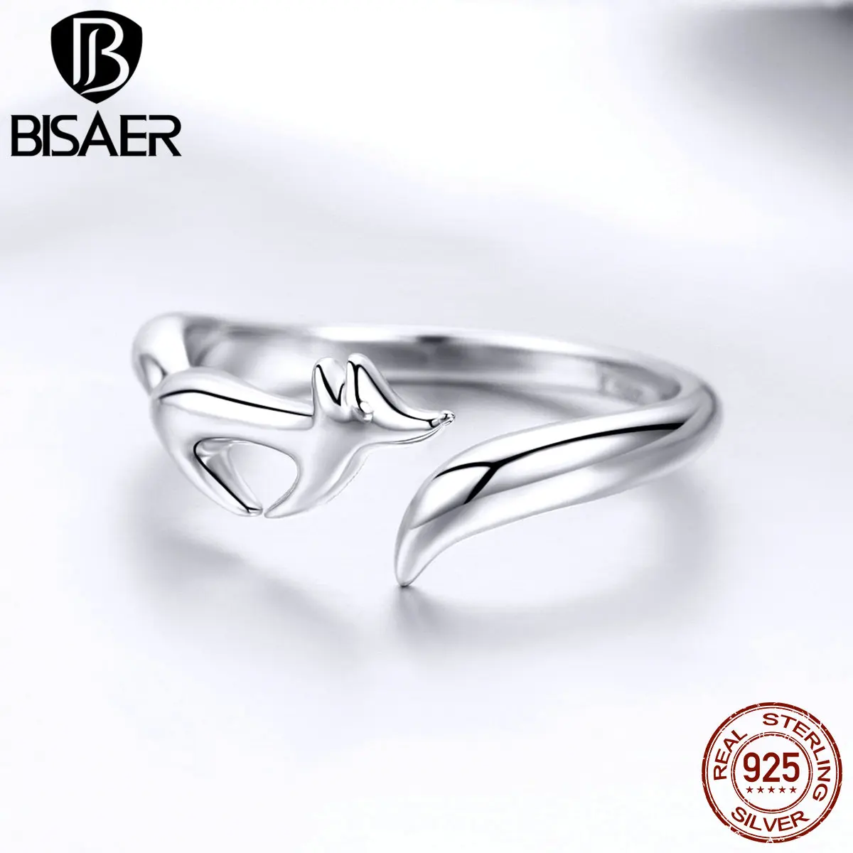 BISAER, 925 пробы, серебряное геометрическое кольцо в форме лисы на палец, регулируемые кольца с животными для женщин, свадебные ювелирные изделия Anel ECR478