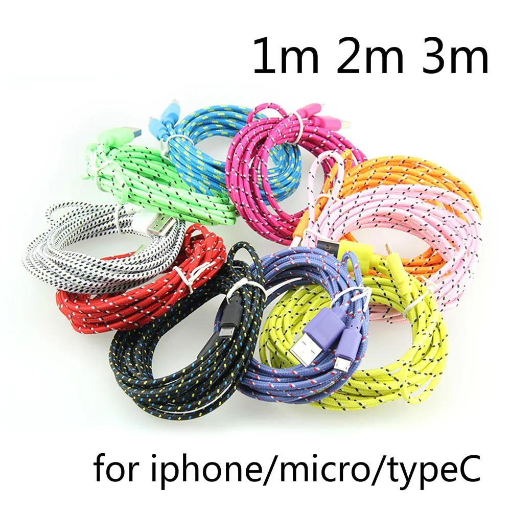 500 шт./лот 1 м 2 3 Micro USB прочный круглый плетеный кабель для синхронизации данных и