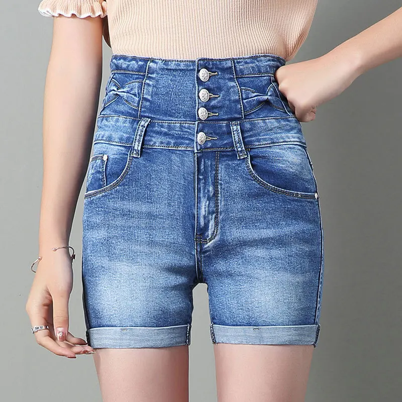 

#0601 Летние повседневные джинсовые шорты с высокой талией шорты для женщин тонкие Стрейчевые черные/синие однобортные шорты джинсы