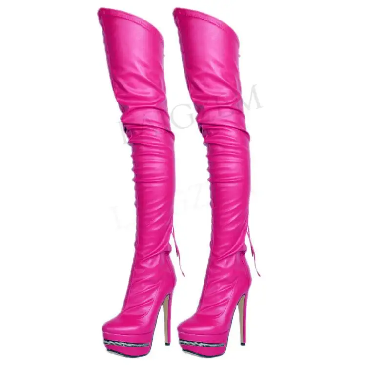 LGZ599 Fuchsia LAIGZEM/пикантные женские облегающие высокие сапоги из искусственной кожи на платформе и каблуке молния мотня сзади обувь Botines Mujer, большие размеры 34-52 - Цвет: LGZ599 Fuchsia