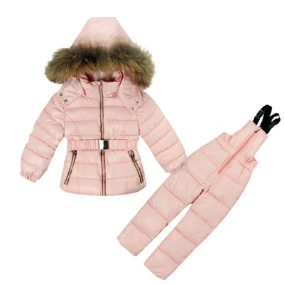 Pink Комплекты одежды для девочек для русской зимы, боди-блузка из полиэстера, зимняя куртка+ комбинезон, комплект из 2 предметов, пальто, куртка с меховым капюшоном - Цвет: Pink