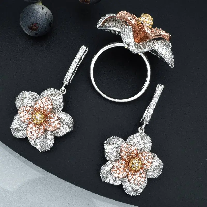 ModemAngel Three Tone Flower Earrings Ring Fashion Jewelry Sets AAA Cubic Zircon Women Wedding Party Bijoux Bijouterie Gift | Украшения и